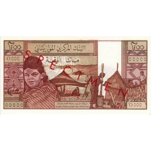 1973 - Mauritania  pic 2s  billete de 200 Ouguiya Especimen