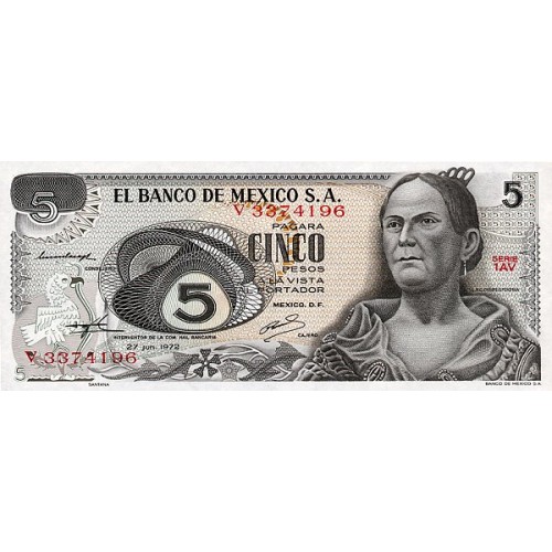 1972 - México P62c billete de 5 Pesos