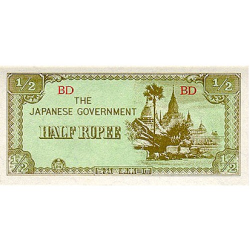 1942 - Myanmar Burma PIC 13b billete de 1/2 Rupia