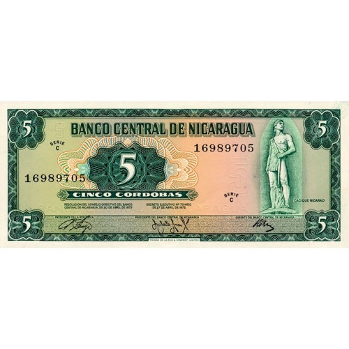 1972 - Nicaragua P122a 5 Cordobas banknote