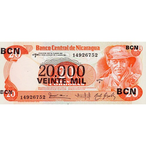 1987 - Nicaragua P147 billete de 20.000 en 20 Córdobas