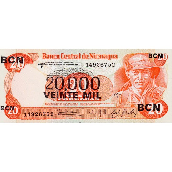 1987 - Nicaragua P147 20,000 en 20 Cordobas banknote 1987 - Nicaragua P147 20,000 en 20 Cordobas banknote