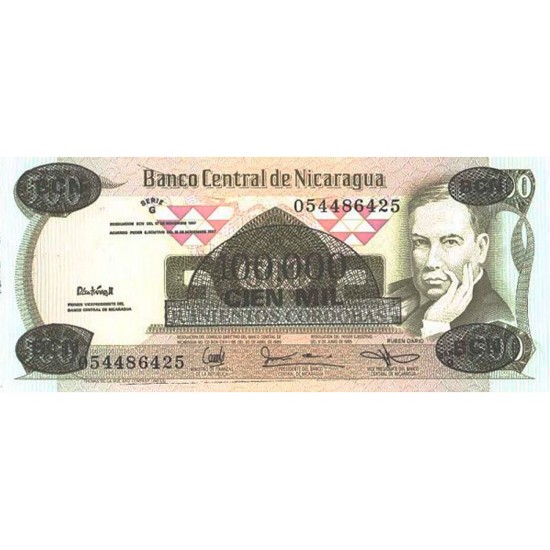 1987 - Nicaragua P149 100,000 en 500 Cordobas banknote 1987 - Nicaragua P149 100,000 en 500 Cordobas banknote