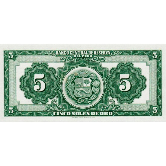 1960 - Peru P76a 5 Soles Oro banknote 1960 - Peru P76a 5 Soles Oro banknote
