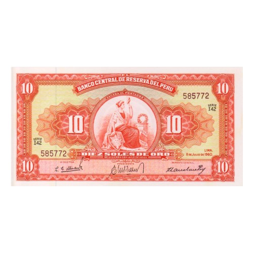 1960 - Perú PIC 82A billete de 10 Soles Oro S/C