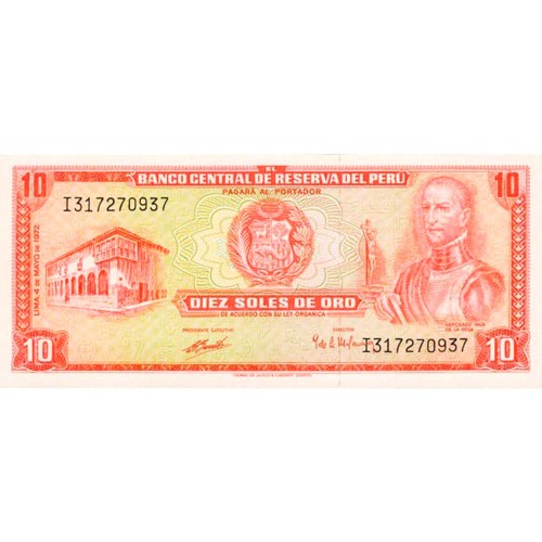 1973 - Perú P100c billete de 10 Soles Oro