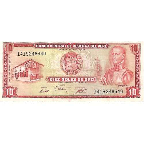 1975 - Perú PIC 106 billete de 10 Soles Oro MBC