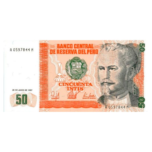1987 - Peru P131b 50 Intis banknote