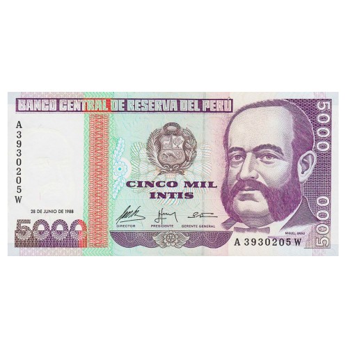 1988 - Peru P137 5,000 Intis  banknote