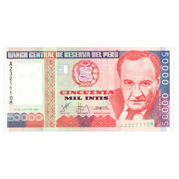 1988 - Peru P142 50,000 Intis  banknote