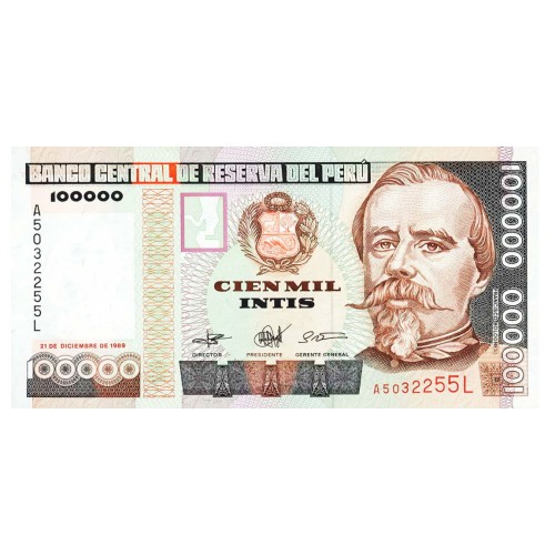 1989 - Peru P145 100,000 Intis banknote