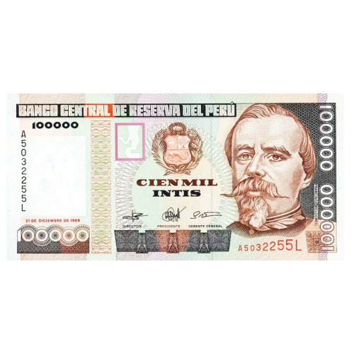 1989 - Peru PIC 145 100,000 Intis banknote UNC
