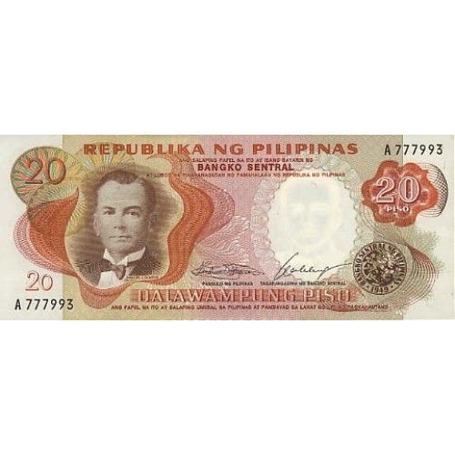 1969 - Filipinas P145a billete de 20 Piso