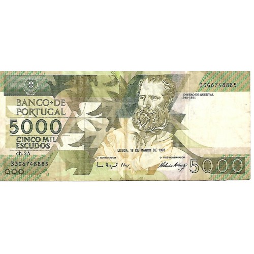 1993 - Portugal PIC 184e billete de 5000 Escudos MBC