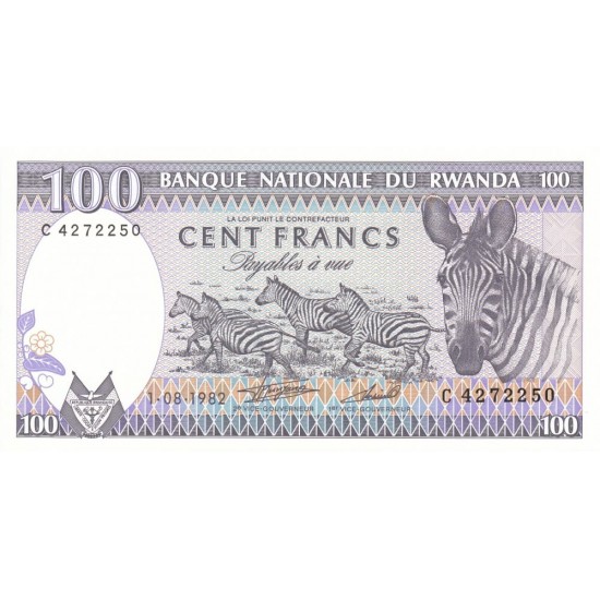 1982 - Rwanda PIC 18 100 Francs banknote 1982 - Rwanda PIC 18 100 Francs banknote