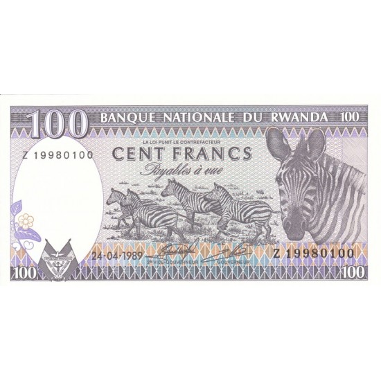 1989 - Rwanda PIC 19 100 Francs banknote 1989 - Rwanda PIC 19 100 Francs banknote