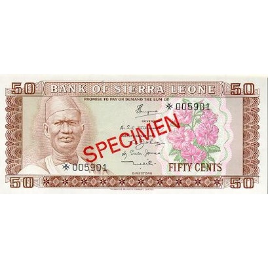 1979 - Sierra Leone Pic 4s 50 Cetns. banknote Specimen 1979 - Sierra Leone Pic 4s 50 Cetns. banknote Specimen