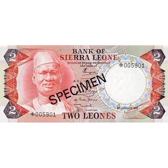 1979 - Sierra Leone Pic 6bs 2 Leones banknote Specimen 1979 - Sierra Leone Pic 6bs 2 Leones banknote Specimen