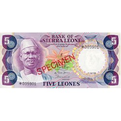 1979 - Sierra Leona pic  7bs billete de 5 Leones  Especimen