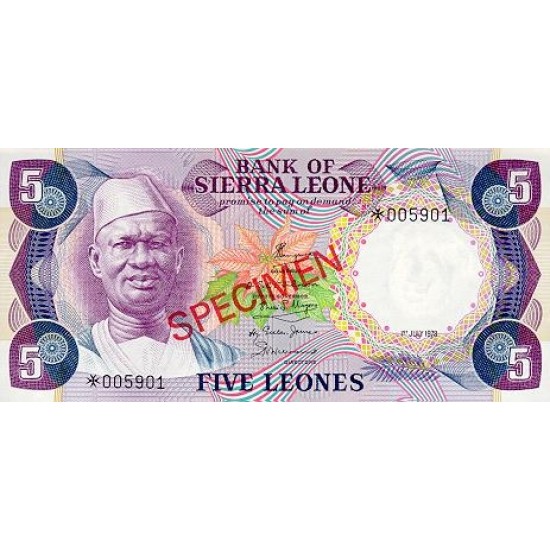1979 - Sierra Leone Pic 7bs 5 Leones banknote Specimen 1979 - Sierra Leone Pic 7bs 5 Leones banknote Specimen