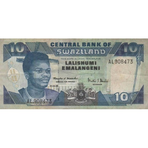 1998- Swaziland  pic 24c billete de 10 Emalangeni