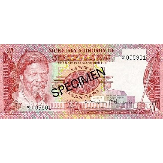 1974 - Swaziland Pic 1s 1 Lilangeli banknote Specimen 1974 - Swaziland Pic 1s 1 Lilangeli banknote Specimen