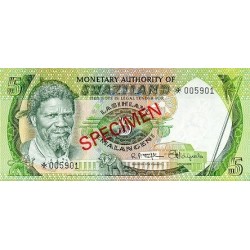 1974 - Swaziland  pic 3 s  billete de 5 Emalangeni  Especimen