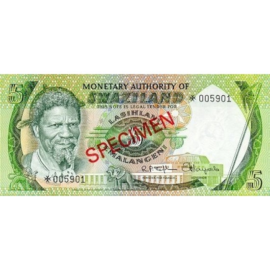 1974 - Swaziland Pic 3s 5 Emalangeni banknote specimen 1974 - Swaziland Pic 3s 5 Emalangeni banknote specimen