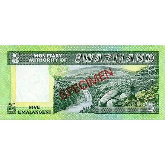 1974 - Swaziland Pic 3s 5 Emalangeni banknote specimen 1974 - Swaziland Pic 3s 5 Emalangeni banknote specimen