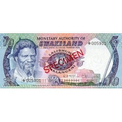 1974  Swaziland Pic 4s billete de 10 emalangeni especimen