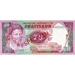 1974  Swaziland Pic 5s billete de 20 emalangeni especimen
