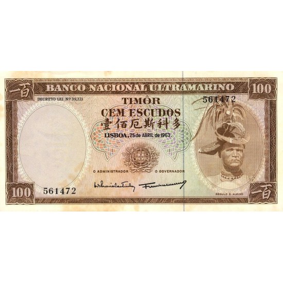 1967 - Timor Pic 28 100 Escudos banknote 1967 - Timor Pic 28 100 Escudos banknote