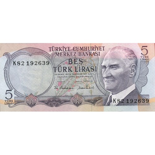 1976 - Turkey   Pic  185               5 Liras  banknote