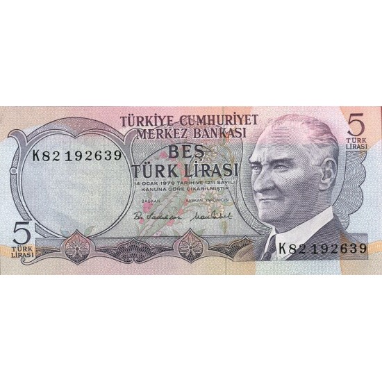 1976 - Turkey Pic 185 5 Liras banknote 1976 - Turkey Pic 185 5 Liras banknote