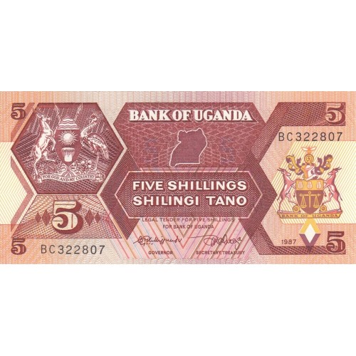 1987 - Uganda PIC 27   billete de 5 Shillins  