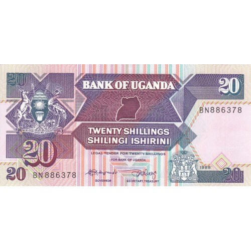 1988 - Uganda PIC 29b   billete de 20 Shillins  