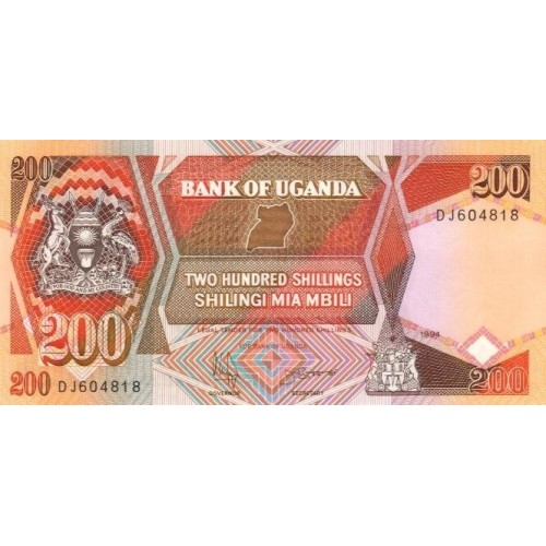 1996 - Uganda PIC 32b   billete de 200 Shillins  