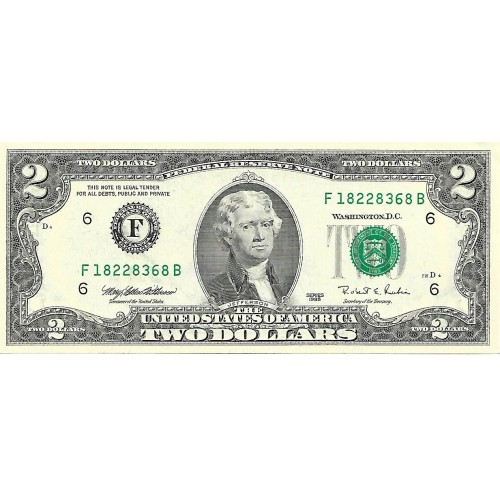 1995 - Estados Unidos PIC 497a billete de 2 Dolares Letra F S/C