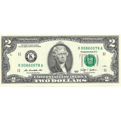 2009 - Estados Unidos PIC 530Aa billete de 2 Dolares Letra K S/C 2009 - Estados Unidos PIC 530Aa billete de 2 Dolares Letra K S/C