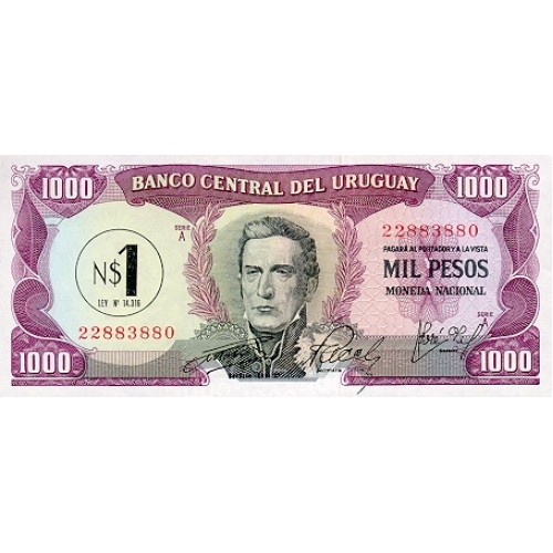 1975 - Uruguay 1 New Pesos on 1000 Pesos banknote  PIC 56 UNC