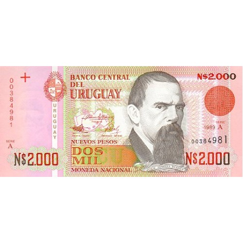 1989 - Uruguay P68a 2,000 Nuevos Pesos banknote