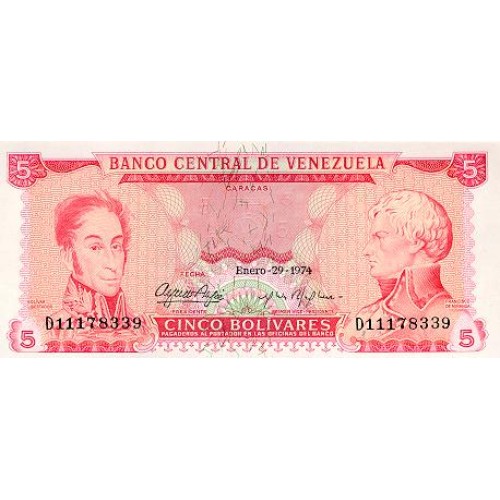1974 - Venezuela PIC 50h billete de 5 Bolívares