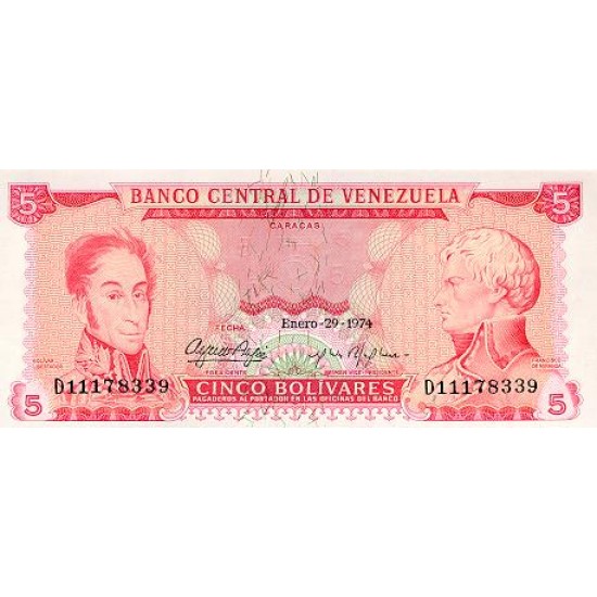 1974 - Venezuela P50h 5 Bolivares banknote 1974 - Venezuela P50h 5 Bolivares banknote