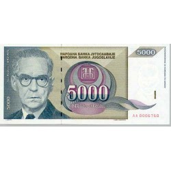 1992 - Yugoslavia 5.000 Dinara banknote PIC 115 UNC 1992 - Yugoslavia 5.000 Dinara banknote PIC 115 UNC