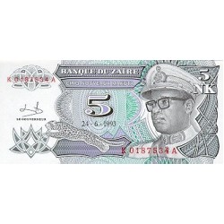1993 - Zaire 5 Nouveaux Makuta banknote PIC 48 UNC 1993 - Zaire 5 Nouveaux Makuta banknote PIC 48 UNC