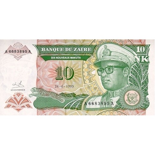 1993 Zaire  billete de 10 Nuevo makuta  pic 49