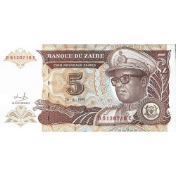 1993 - Zaire 5 Nouveaux Zaires banknote PIC 53a UNC