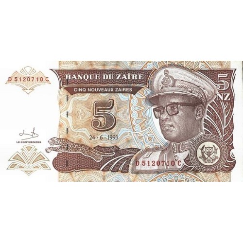 1993 - Zaire 5 Nouveaux Zaires banknote PIC 53a UNC