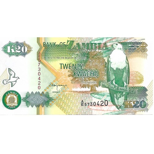1992 - Zambia PIC 36b billete de 20 Kwacha F11 S/C