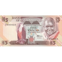 1980 - Zambia   Pic  25d          5 Kwacha  banknote